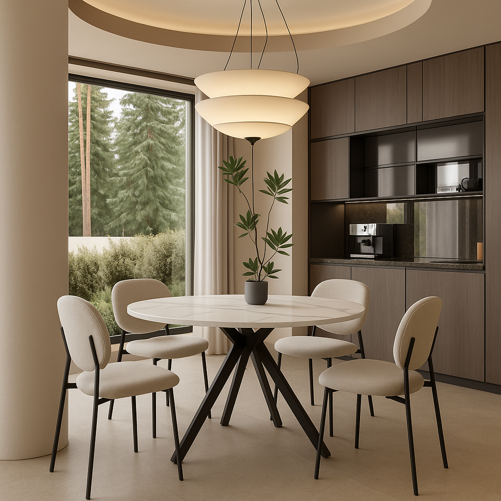 Luna 5-Piece Round Dining Set – White Sintered Stone Top with Cream Fabric Chairs & Black Metal Base
