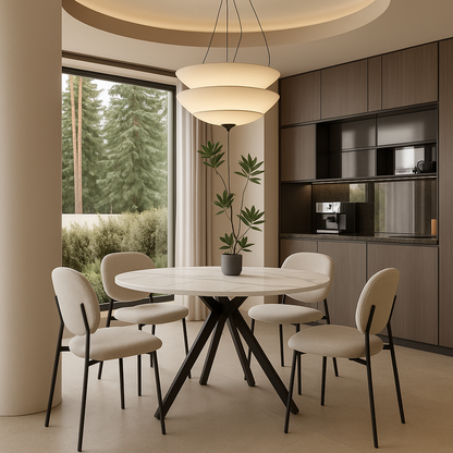 Luna 5-Piece Round Dining Set – White Sintered Stone Top with Cream Fabric Chairs & Black Metal Base