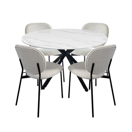 Luna 5-Piece Round Dining Set – White Sintered Stone Top with Cream Fabric Chairs & Black Metal Base