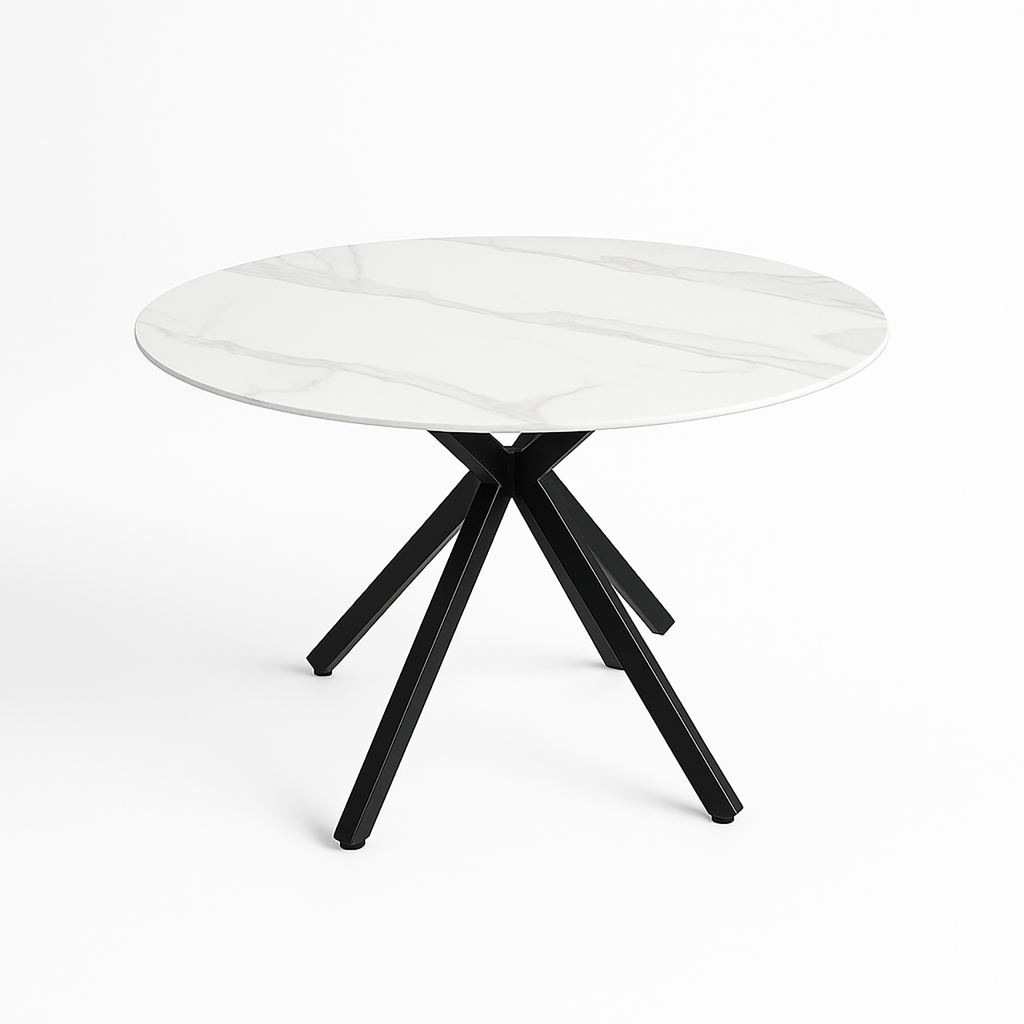Luna 5-Piece Round Dining Set – White Sintered Stone Top with Cream Fabric Chairs & Black Metal Base