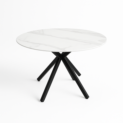 Luna 5-Piece Round Dining Set – White Sintered Stone Top with Cream Fabric Chairs & Black Metal Base