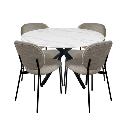 Luna 5-Piece Round Dining Set – White Sintered Stone Top with Taupe Fabric Chairs & Black Metal Base