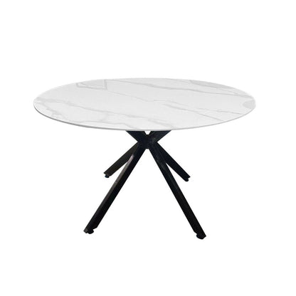 Luna 5-Piece Round Dining Set – White Sintered Stone Top with Taupe Fabric Chairs & Black Metal Base