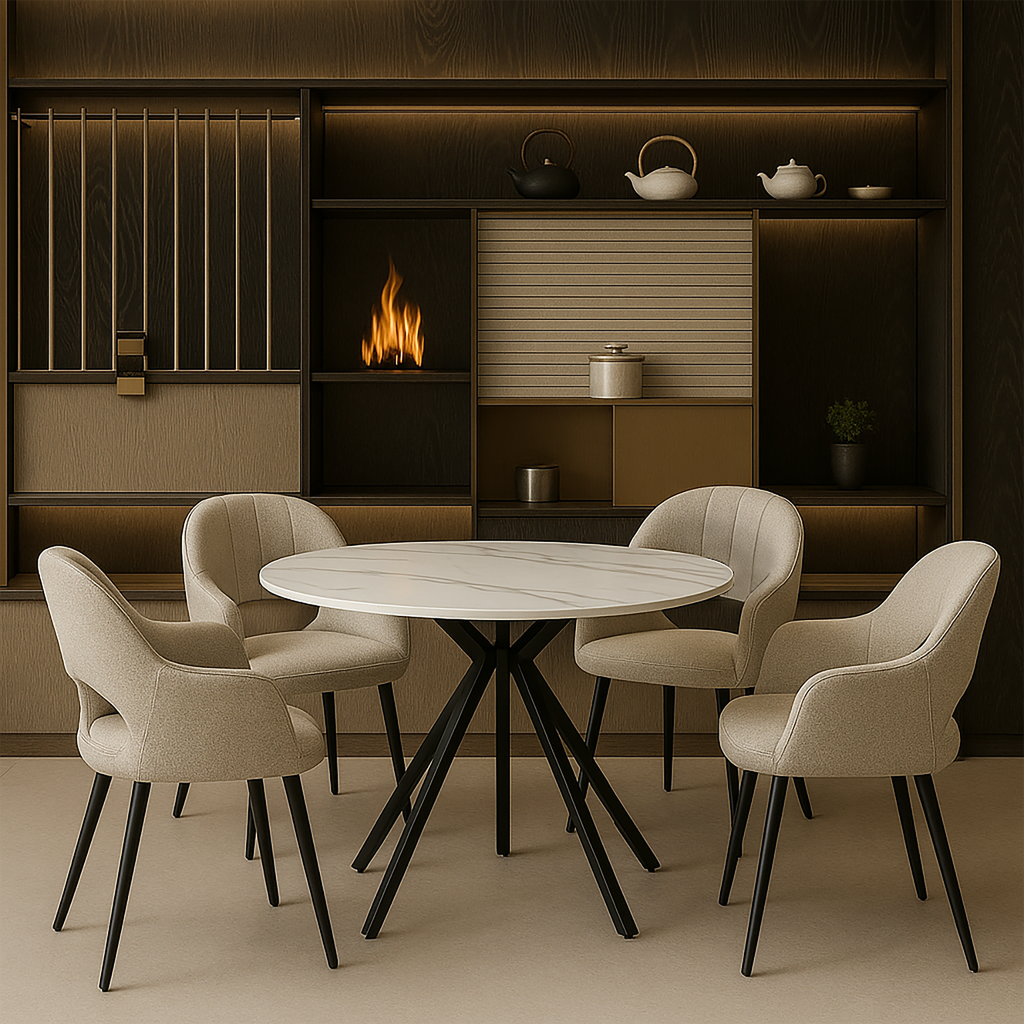 Luna 5-Piece Round Dining Set – White Sintered Stone Top with Curved Fabric Chairs & Black Metal Legs