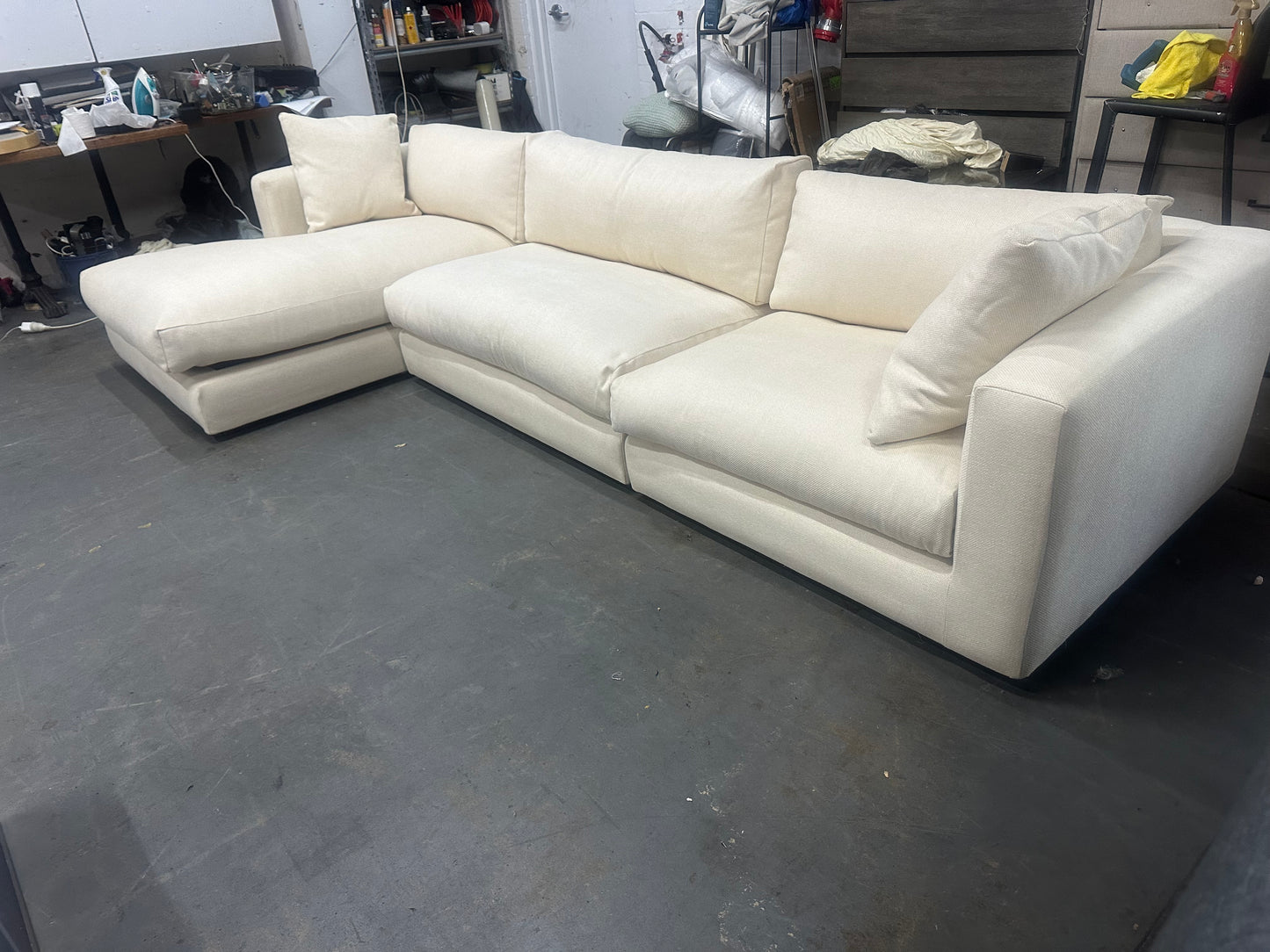 Top quality reupholstered Domayne L shape sofa. Removable cushion covers