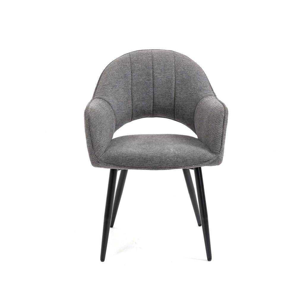 Luna 5-Piece Round Dining Set – White Sintered Stone Top with Grey Fabric Chairs & Black Metal Base