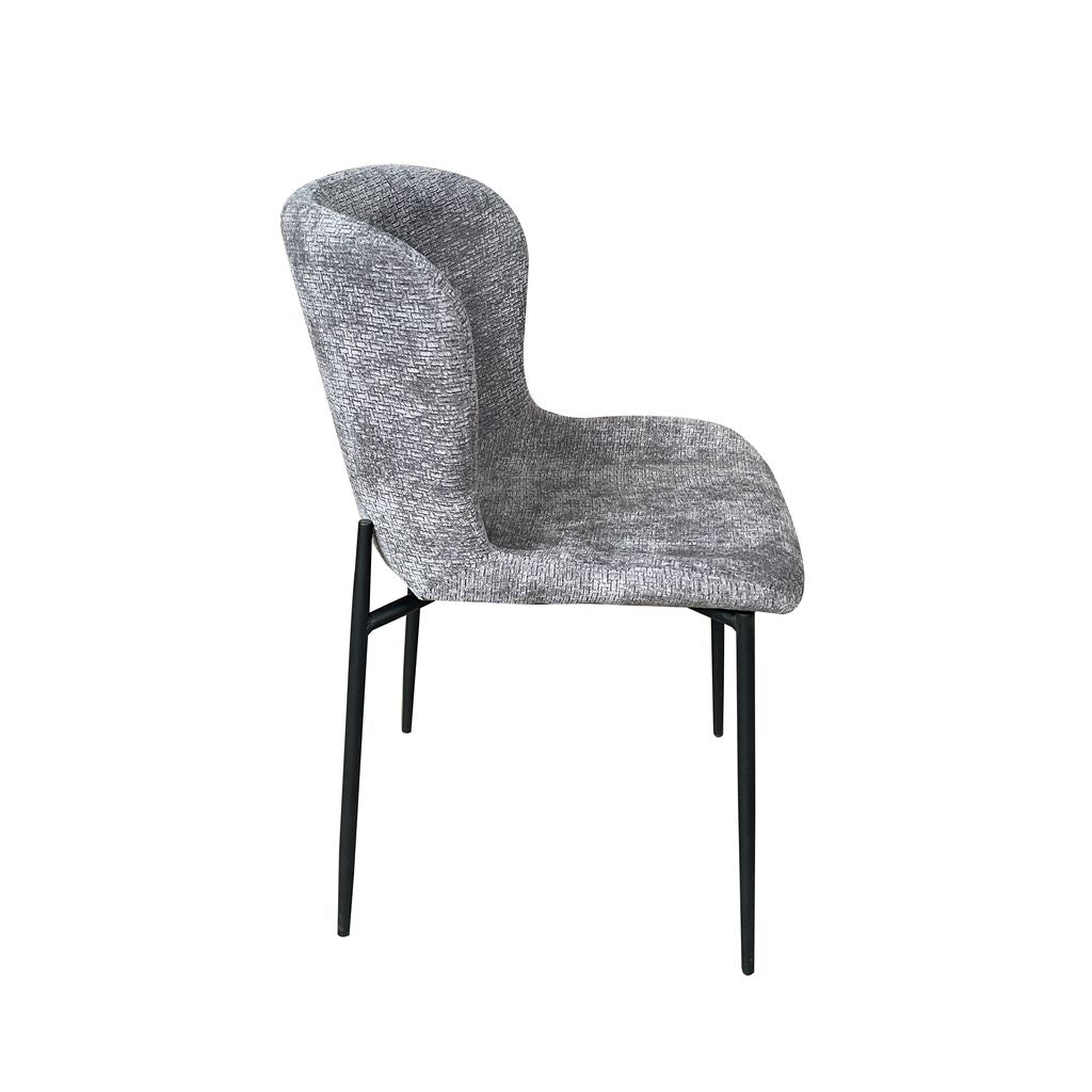 Luna 5-Piece Round Dining Set – White Sintered Stone Top with Grey Textured Fabric Chairs & Black Metal Base