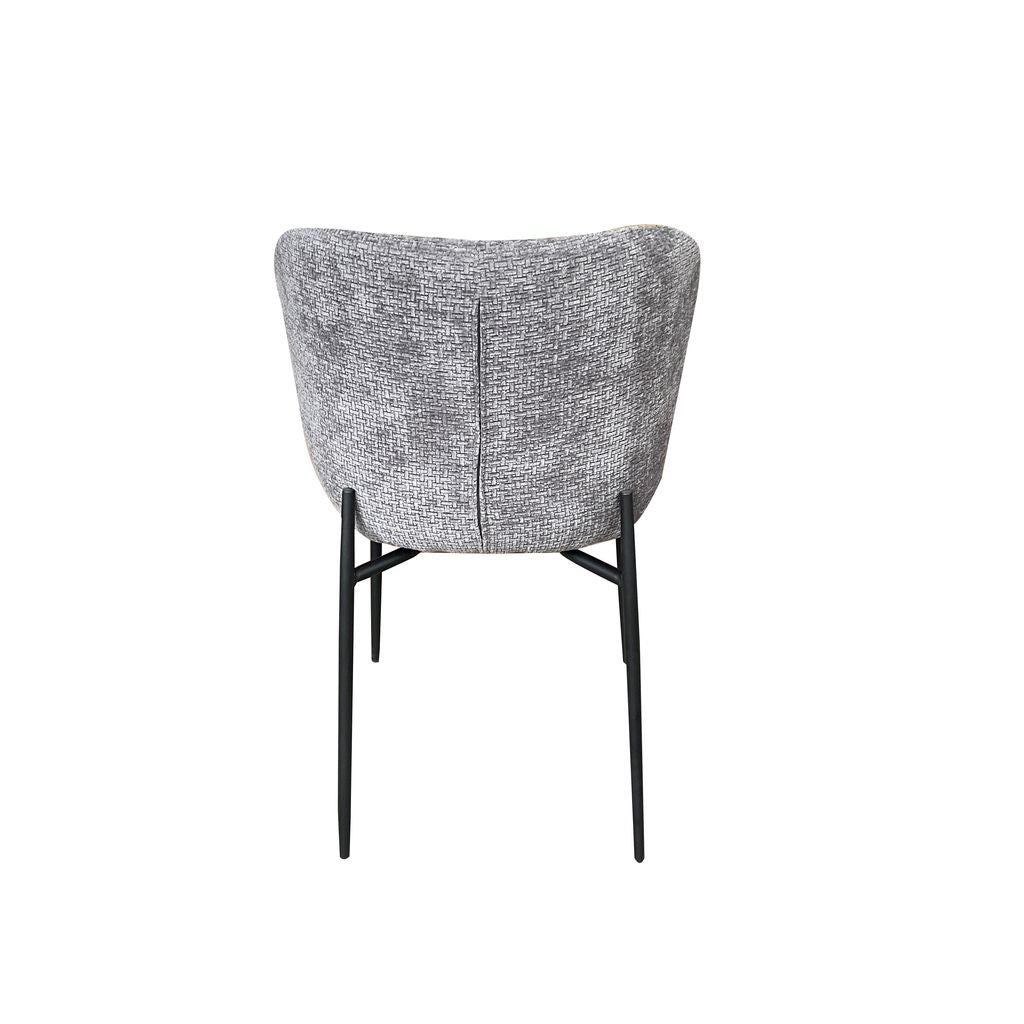Luna 5-Piece Round Dining Set – White Sintered Stone Top with Grey Textured Fabric Chairs & Black Metal Base