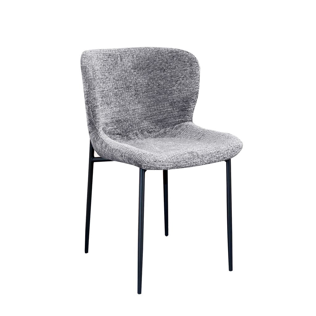 Luna 5-Piece Round Dining Set – White Sintered Stone Top with Grey Textured Fabric Chairs & Black Metal Base