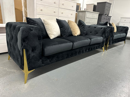 🔥Black velvet Chesterfield style sofa set with golden color legs. Special deal. Delivery and installation within Sydney metro included🔥