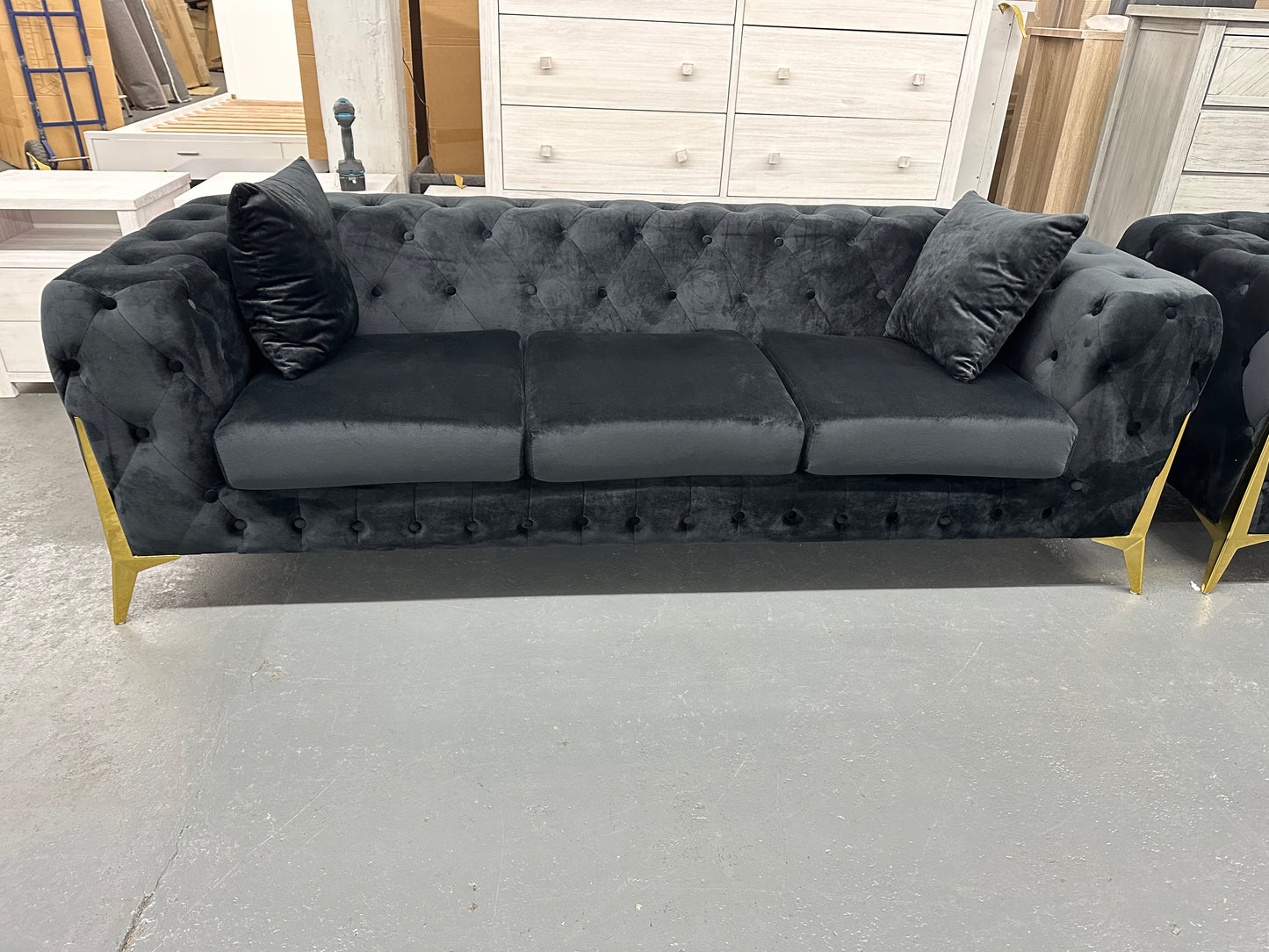 🔥Black velvet Chesterfield style sofa set with golden color legs. Special deal. Delivery and installation within Sydney metro included🔥