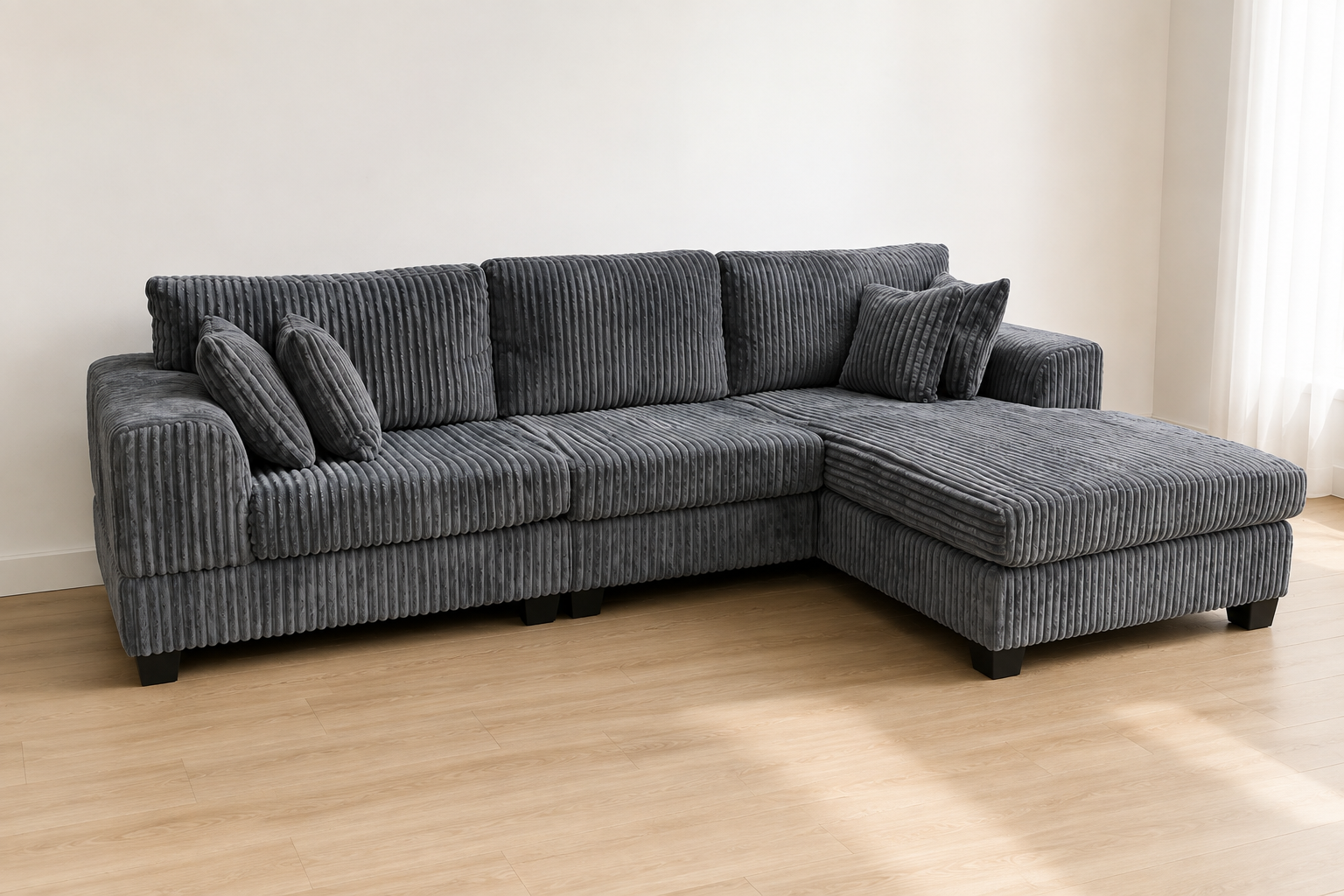 Noosa Reversible chaise corduroy L shape sofa. Removable and washable covers