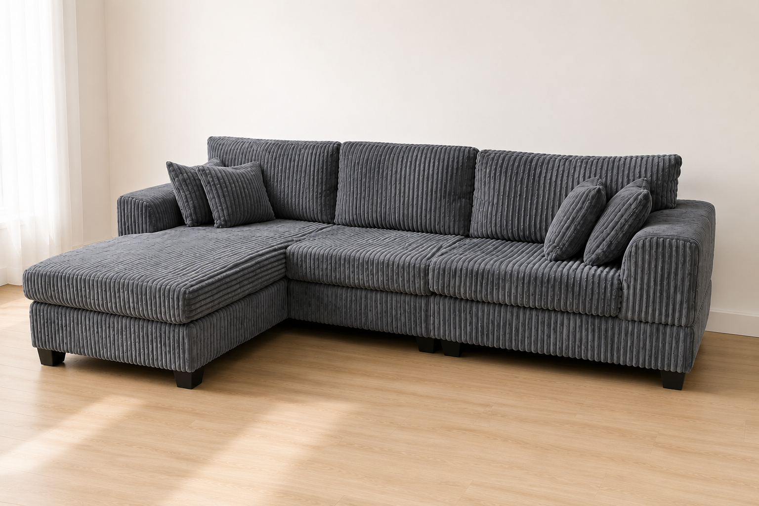 Noosa Reversible chaise corduroy L shape sofa. Removable and washable covers