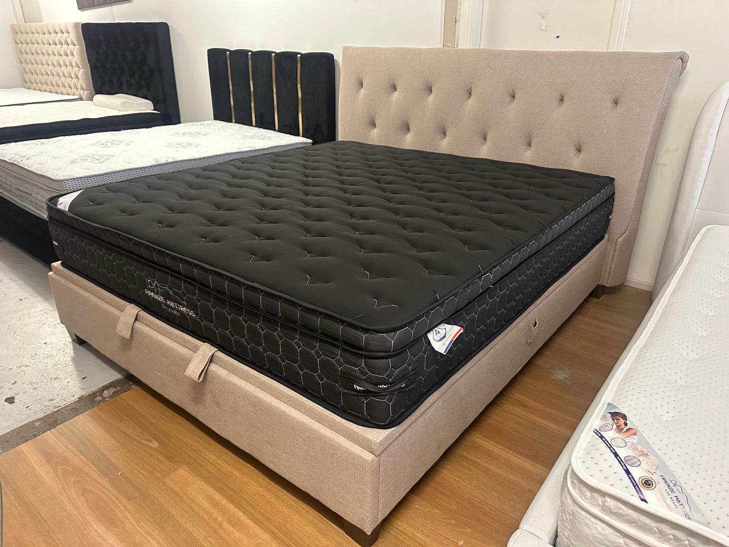 Super strong bed frame with gaslift storage and 34 cm cool gel memory foam mattress deal. King size