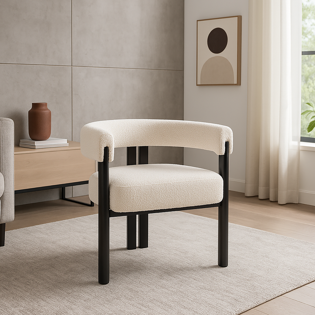 Bouclé Barrel Accent Chair – Ivory Fabric & Black Frame