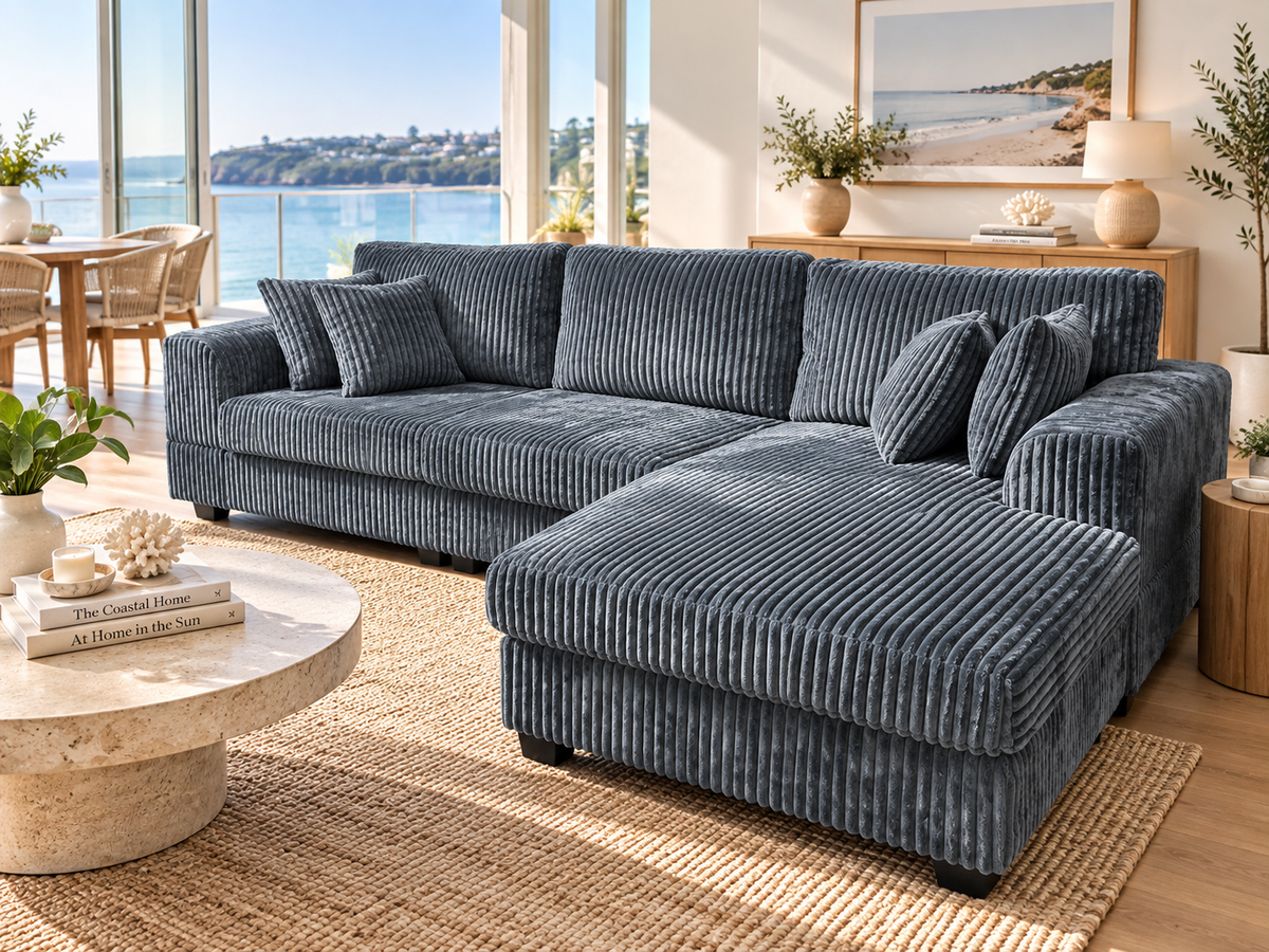 Noosa Corduroy L shape Sofa. Dark grey reversible chaise.