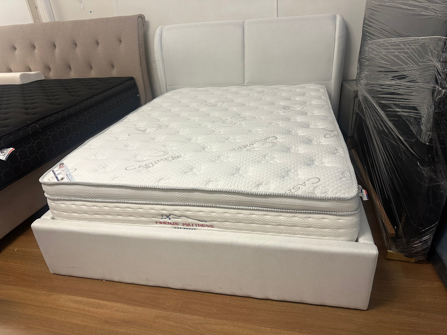 Stylish white bed frame with 34 cm cool gel memory mattress