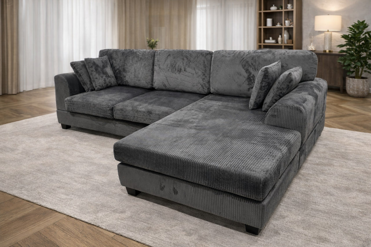 Dark grey corduroy sofa and queen bed set