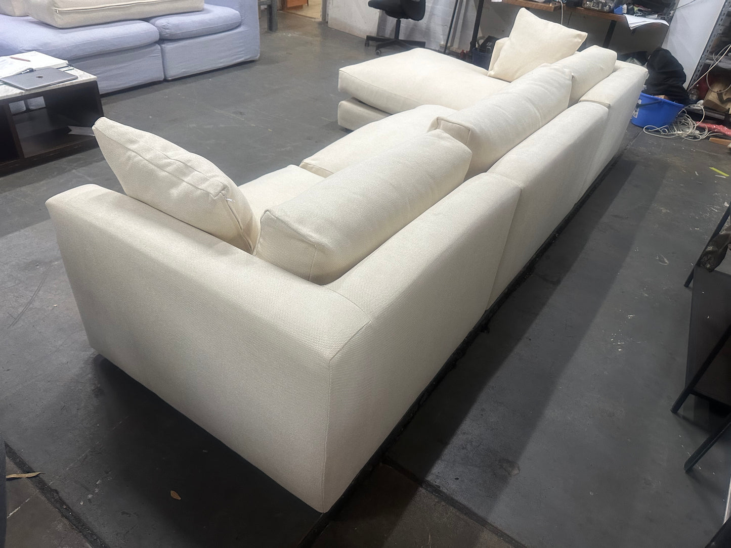 Top quality reupholstered Domayne L shape sofa. Removable cushion covers