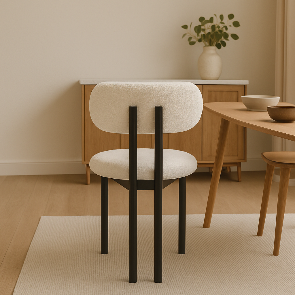 Modern Bouclé Dining Chair – Ivory Fabric & Black Frame