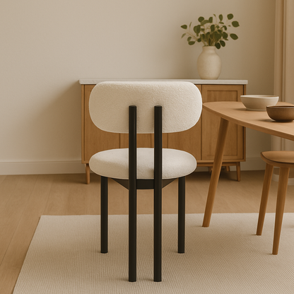 Modern Bouclé Dining Chair – Ivory Fabric & Black Frame