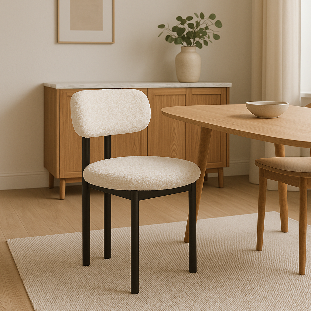 Modern Bouclé Dining Chair – Ivory Fabric & Black Frame