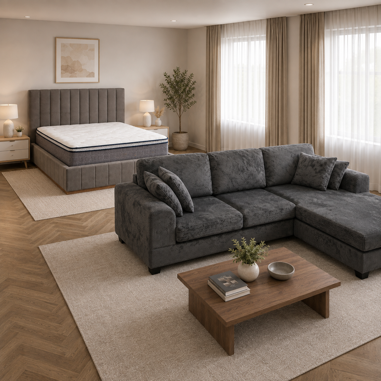 Dark grey corduroy sofa and queen bed set