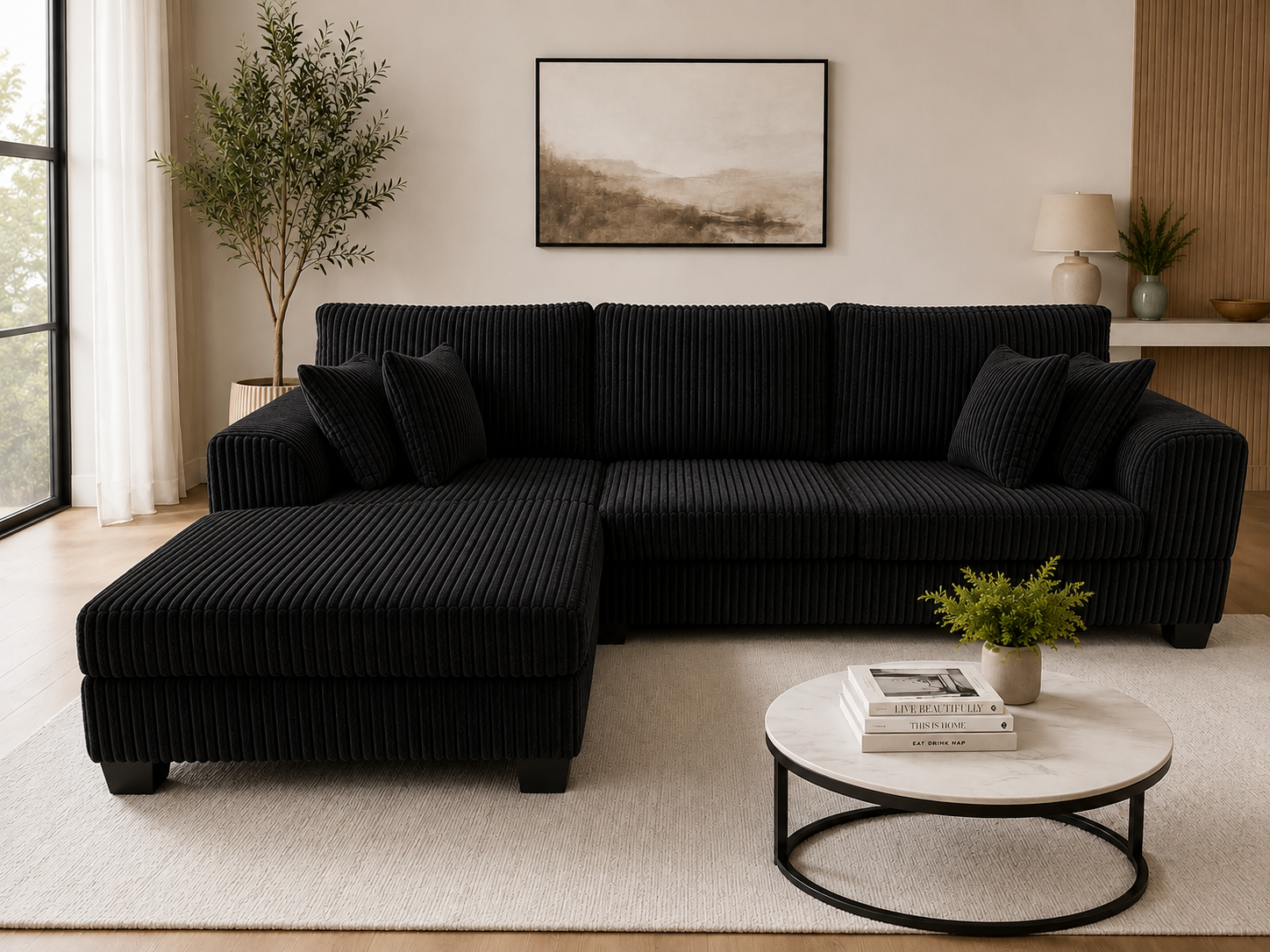 Luxury Corduroy L shape sofa. Reversible chaise
