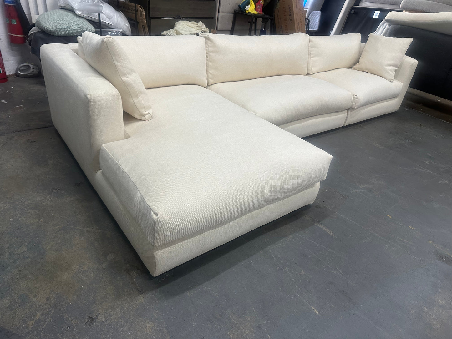 Top quality reupholstered Domayne L shape sofa. Removable cushion covers