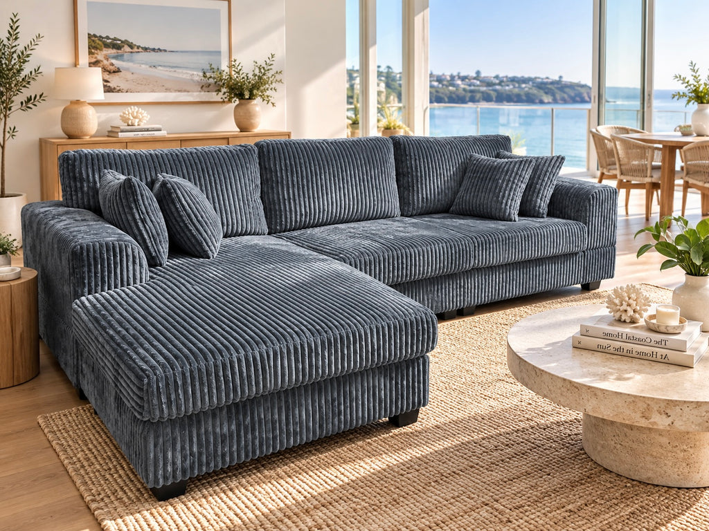 Noosa Corduroy L shape Sofa. Dark grey reversible chaise.