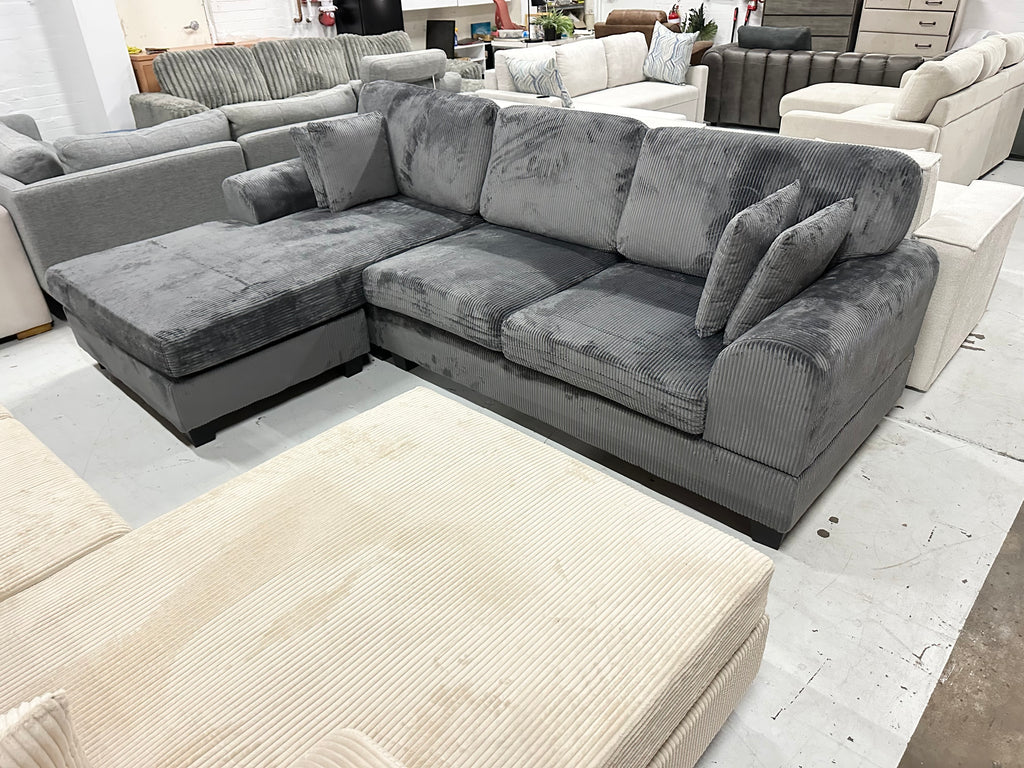 Noosa Corduroy Sofa. Dark grey reversible chaise.