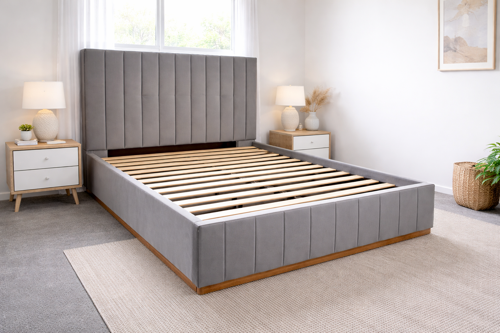 Dark grey corduroy sofa and queen bed set