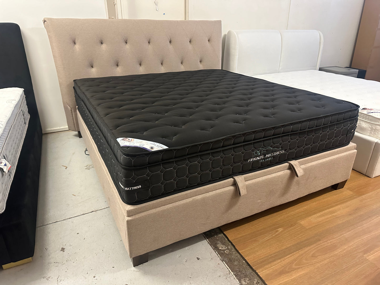 Super strong bed frame with gaslift storage and 34 cm cool gel memory foam mattress deal. King size