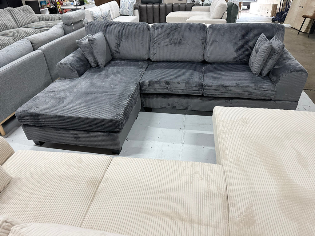 Noosa Corduroy Sofa. Dark grey reversible chaise.