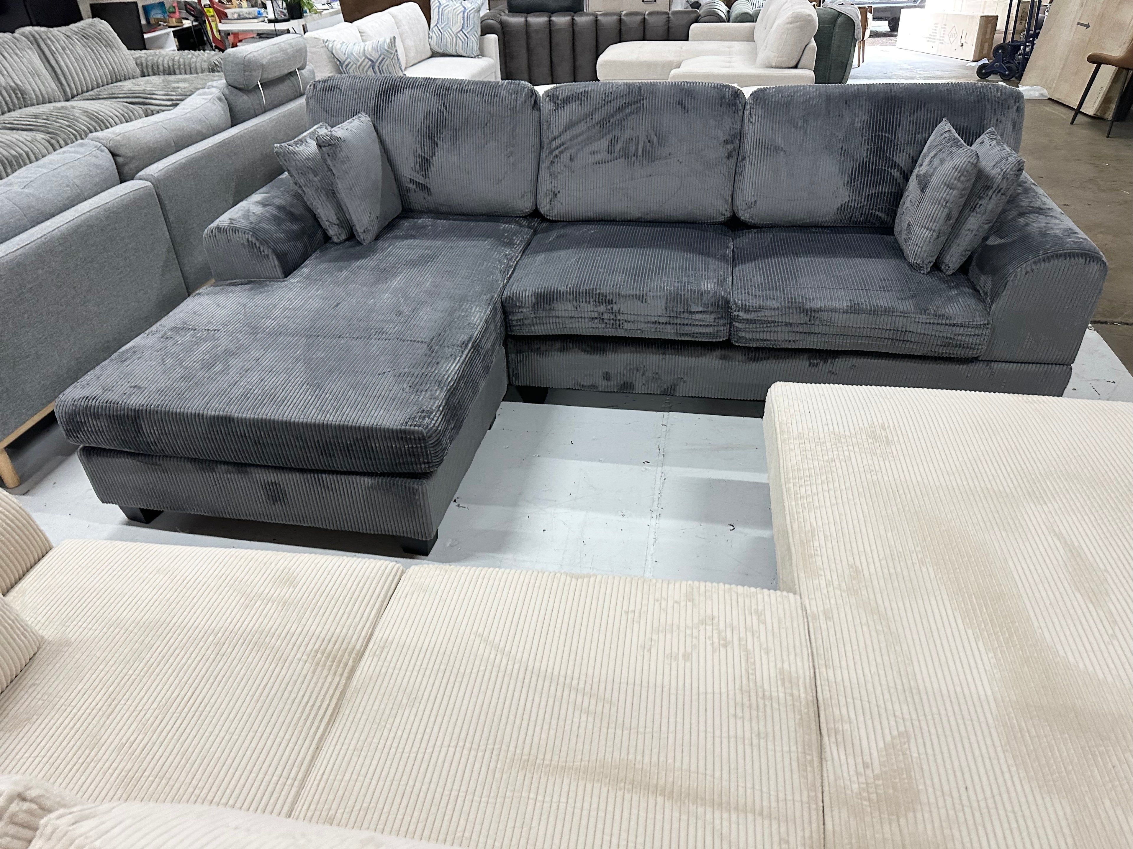 Noosa Corduroy Sofa. Dark grey reversible chaise.