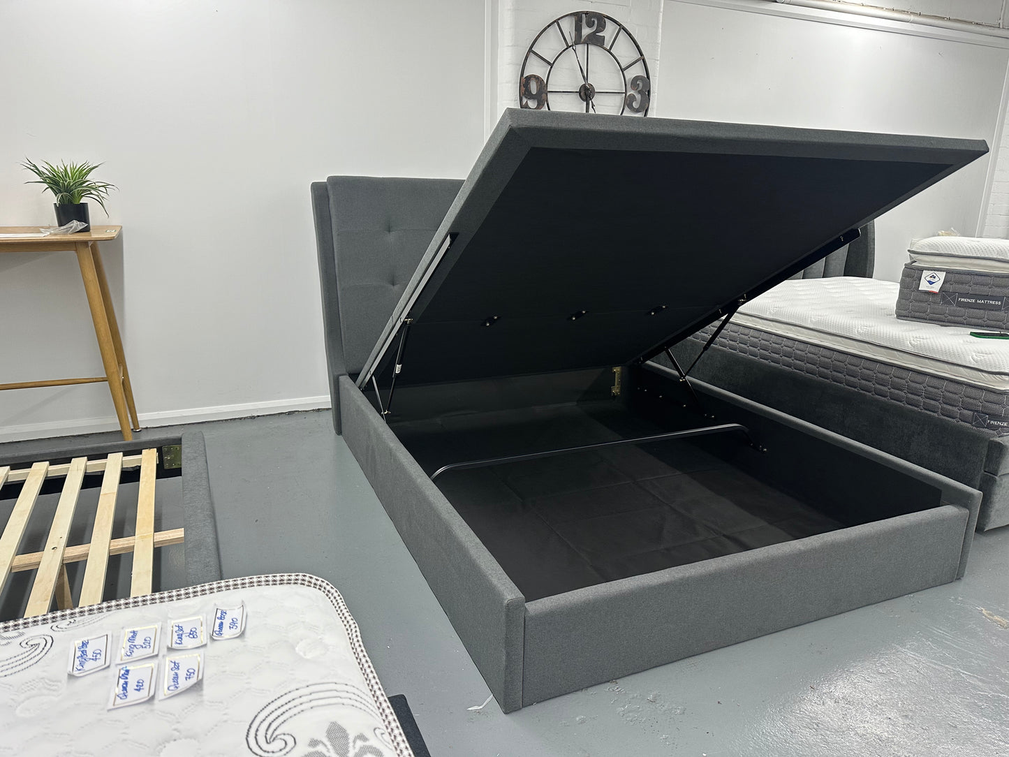 Strong Gaslift bed frame with solid base and 32cm thick top quality Firenze mattress