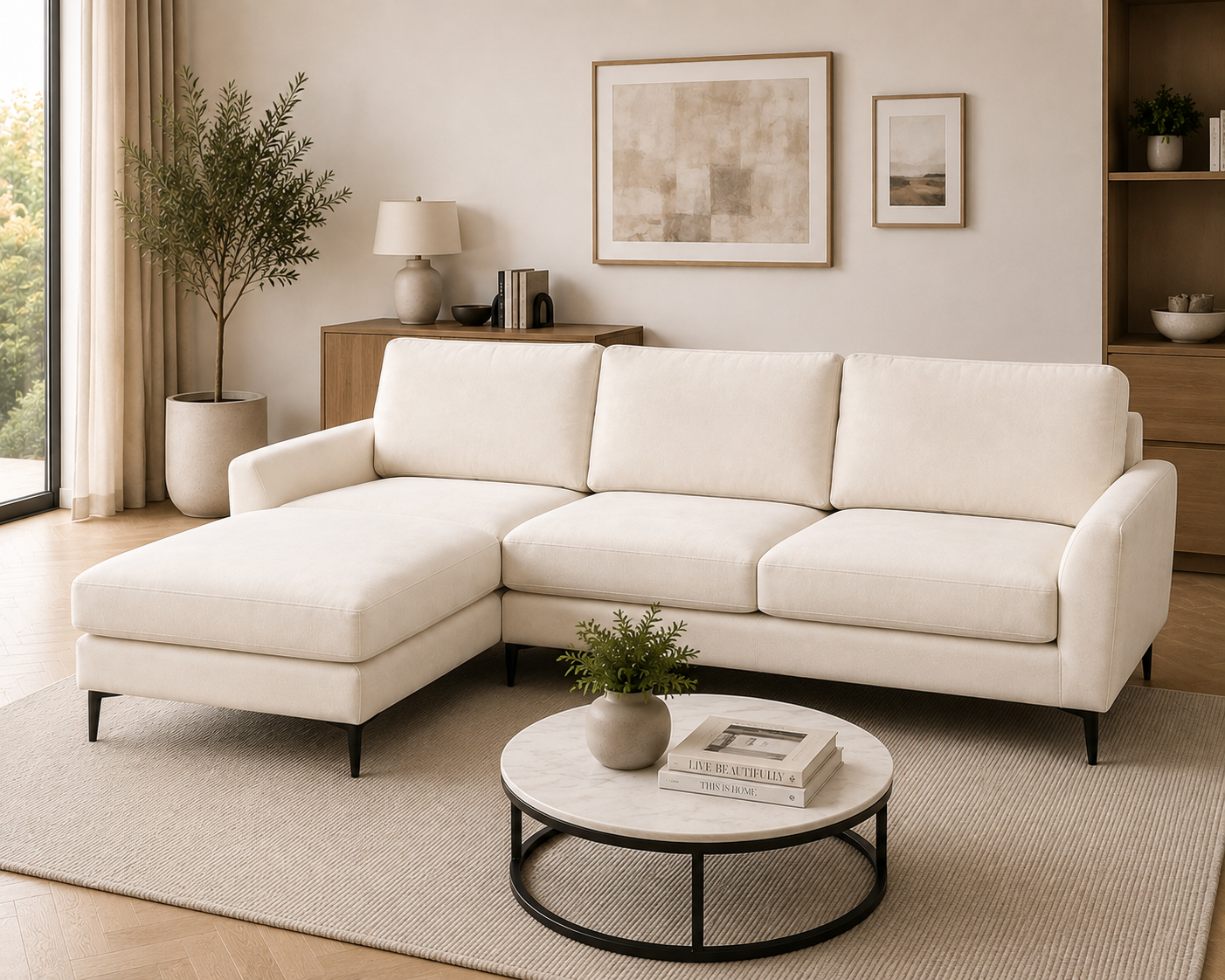 Aida Reversible Chaise L shape Sofa – Cream