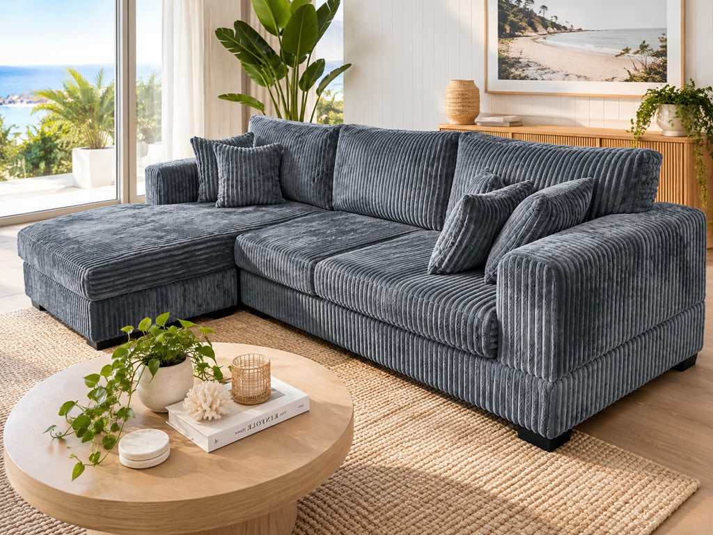 Noosa Corduroy L shape Sofa. Dark grey reversible chaise.