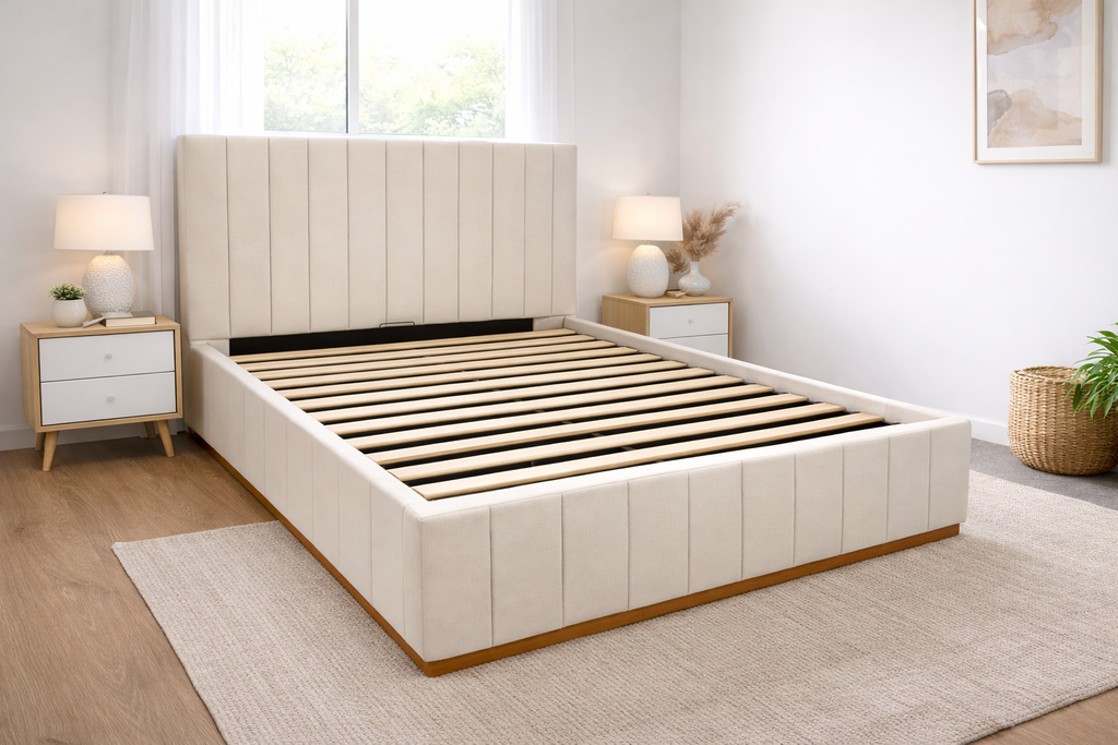 Cream color corduroy sofa and cream bed frame with mattress