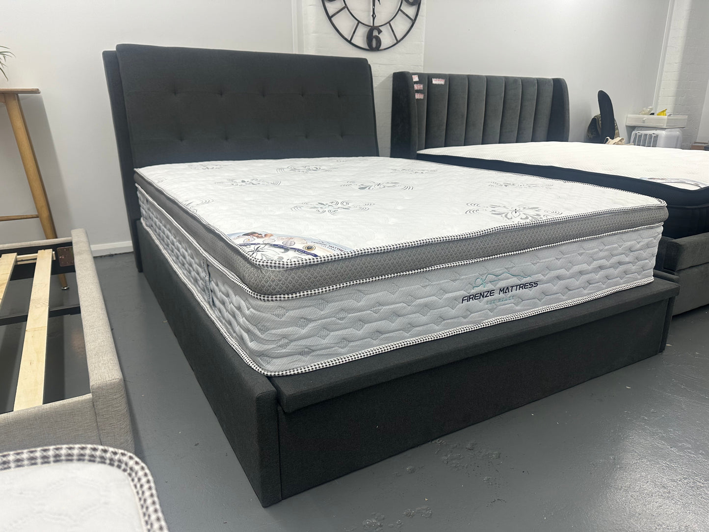 Strong Gaslift bed frame with solid base and 32cm thick top quality Firenze mattress