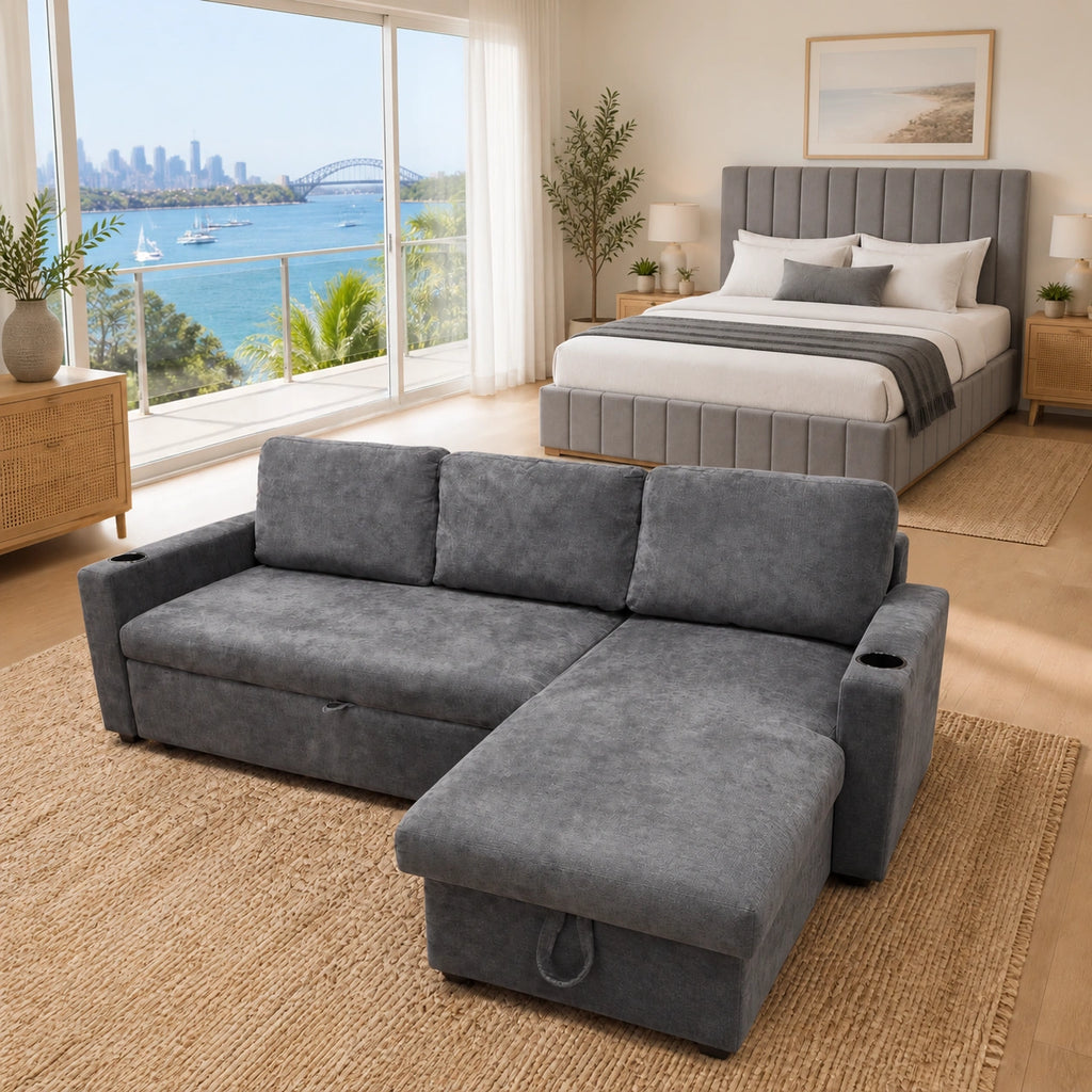 Compact sofabed with storage and queen bed set