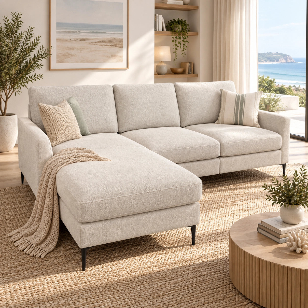 ✨ Modern L-Shape Sofa with Reversible Chaise – Cream Fabric