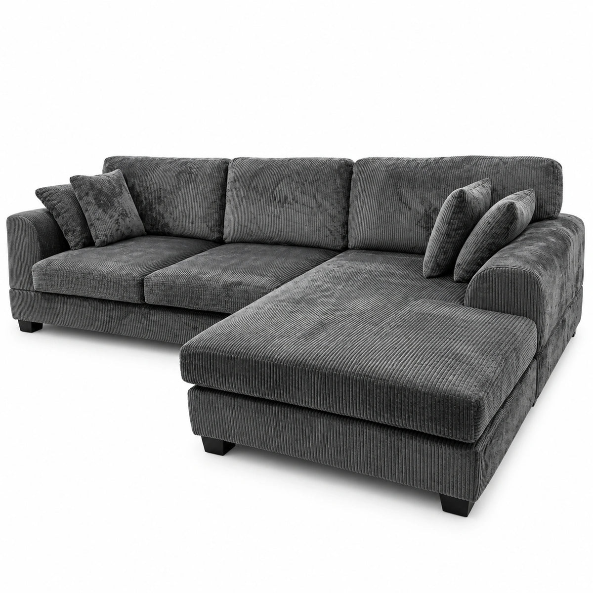Noosa Corduroy L shape Sofa. Dark grey reversible chaise.