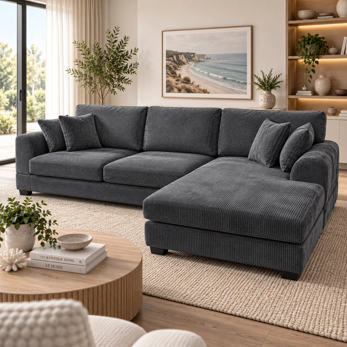 Noosa Corduroy L shape Sofa. Dark grey reversible chaise.
