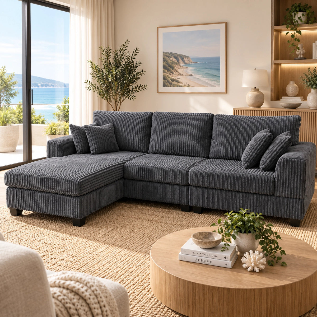 Noosa Reversible chaise corduroy L shape sofa. Removable and washable covers