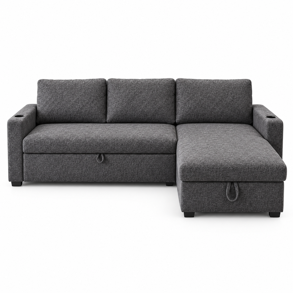 Compact sofabed with storage and queen bed set