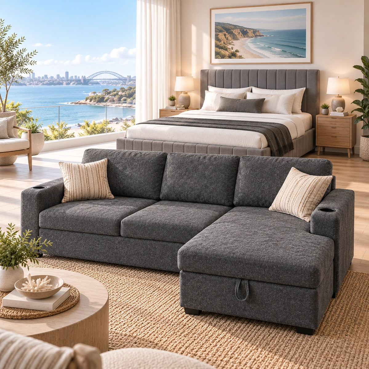 Compact sofabed with storage and queen bed set