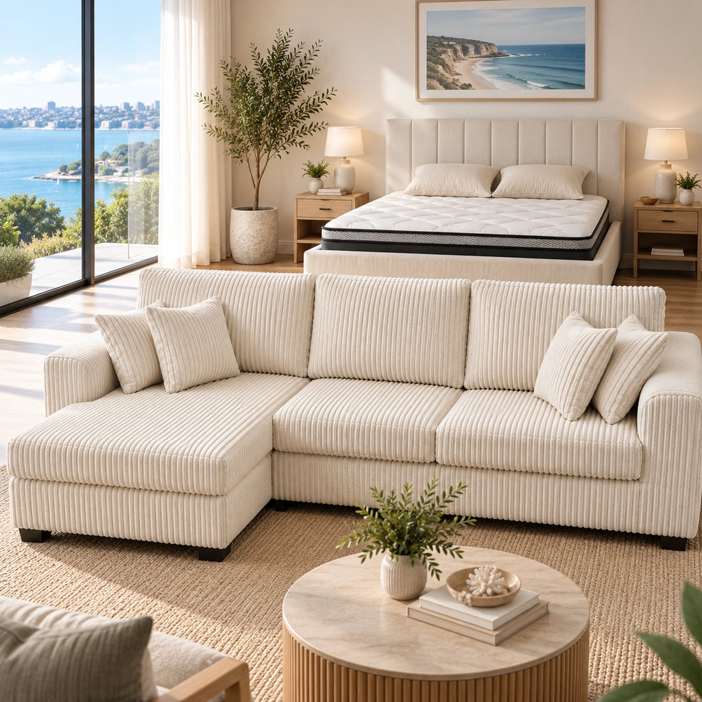 Cream color corduroy sofa and cream bed frame with mattress