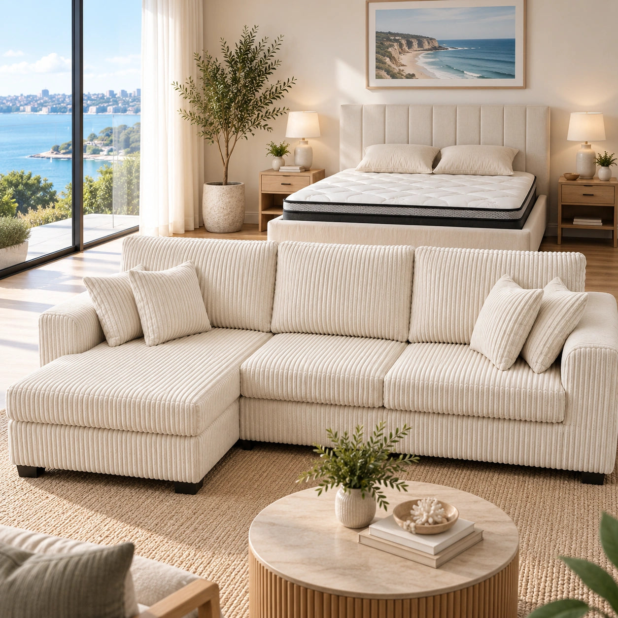 Cream color corduroy sofa and cream bed frame with mattress