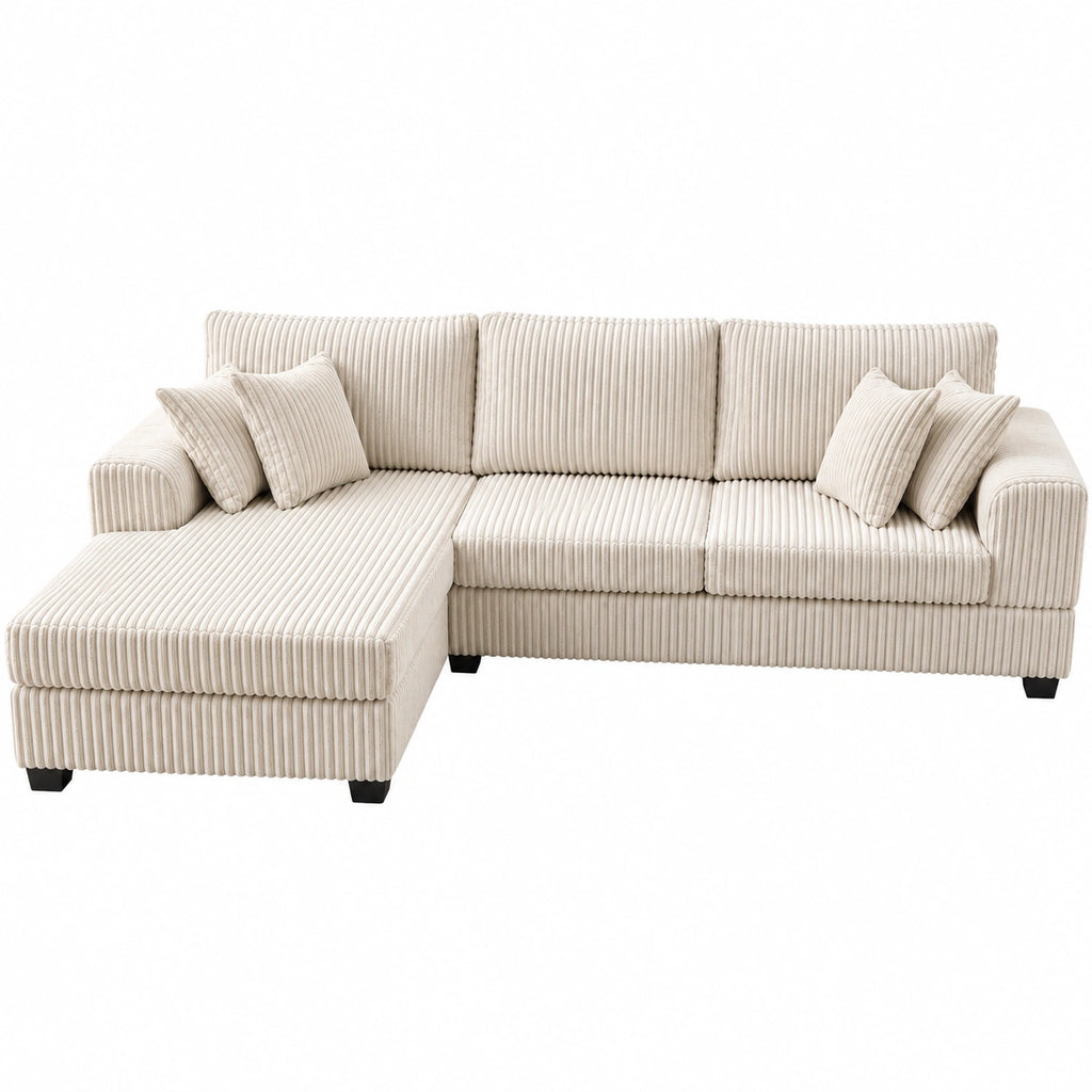 Cream color corduroy sofa and cream bed frame with mattress